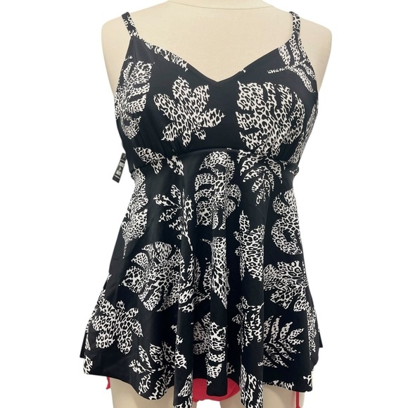 Swim Solutions Empire Waist Tummy Control Spotted Leaf Black Swim Dress Large - Picture 1 of 8